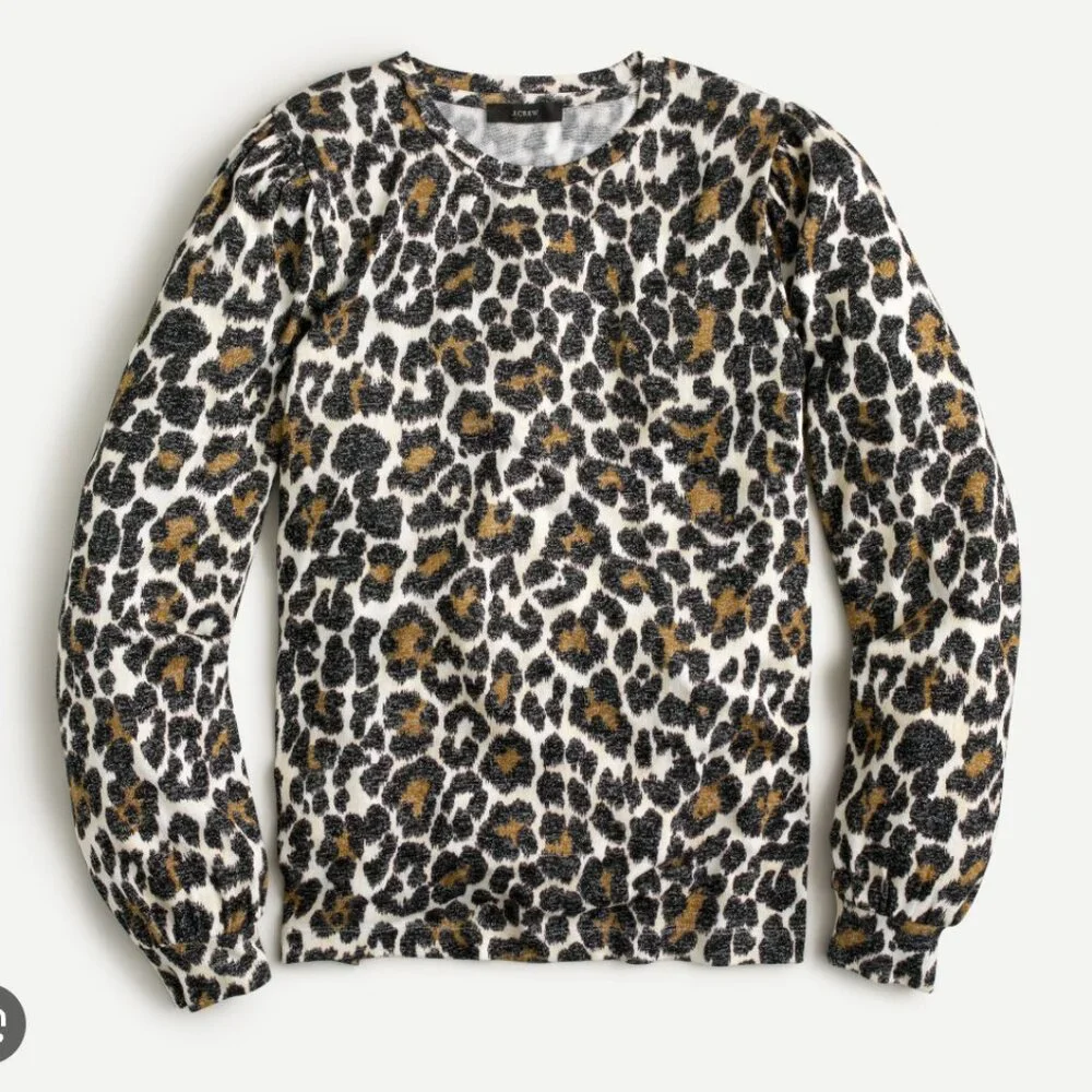 J. Crew Supercozy Puff Sleeve Pullover in Leopard Print Lyocell Size Medium NWT - Picture 1 of 6